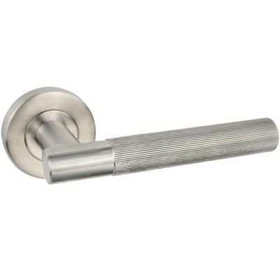 Access Hardware Ribbed Door Handles On Round Rose, Satin Stainless Steel - B0910S (sold in pairs) SATIN CHROME