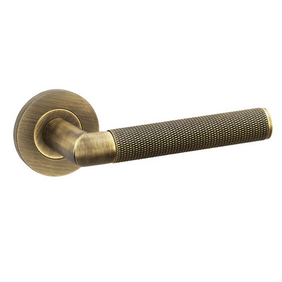 Alexander & Wilks Harrier Knurled Door Handles On Round Rose, Antique Brass - AW210AB (sold in pairs) ANTIQUE BRASS