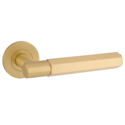 Alexander & Wilks Spitfire Hex Door Handles On Round Rose, Satin Brass - AW224SB SATIN BRASS
