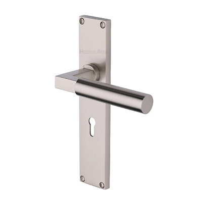 Heritage Brass Bauhaus Door Handles On 200mm Backplate, Satin Nickel - VT6300-SN (sold in pairs) EURO PROFILE LOCK (WITH CYLINDER HOLE)